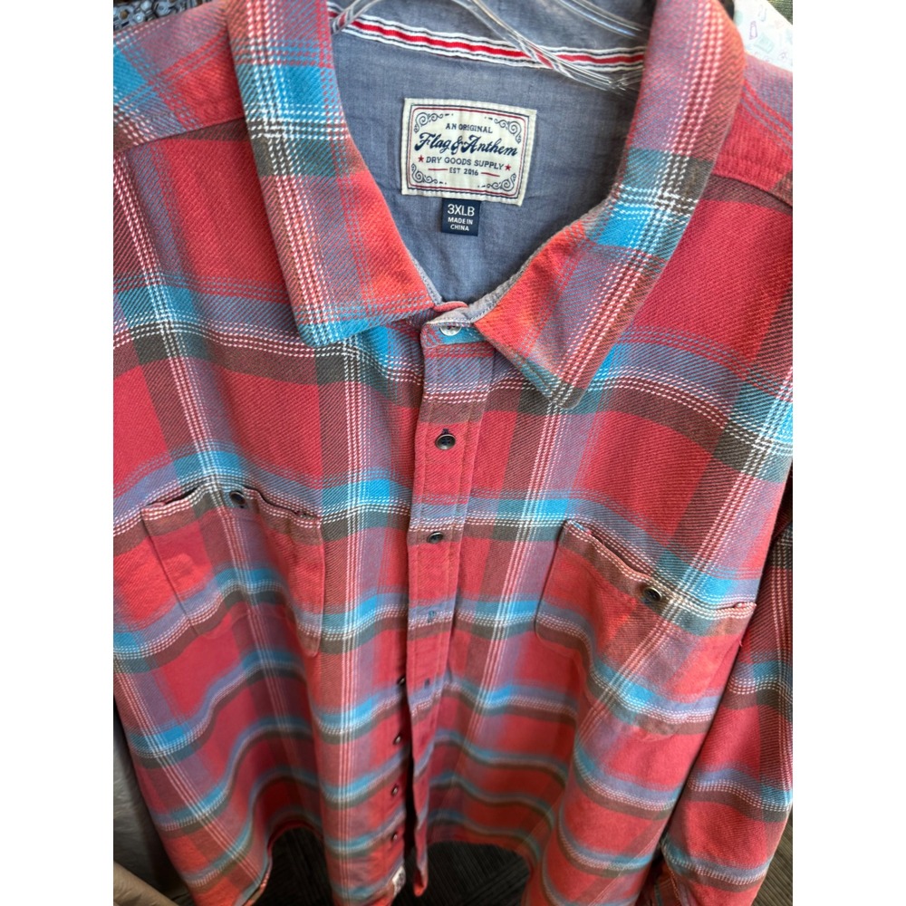 Flag & Anthem Mens 3XLB Red Blue Plaid Flannel Button Down Shirt Big & Tall